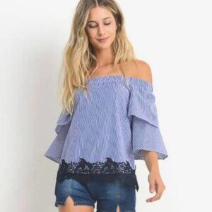 ZARA Blue & White Striped Off the Shoulder Puff Sleeve Lace Blouse Size Medium